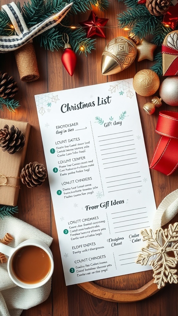 Aesthetic Christmas list template on a wooden table with festive decorations.